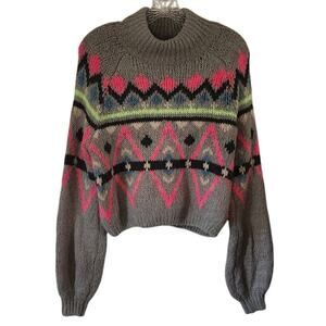 Hollister Pink Multi Color Zig Zag Cropped Boxy Turtle Neck Knit Sweater Small